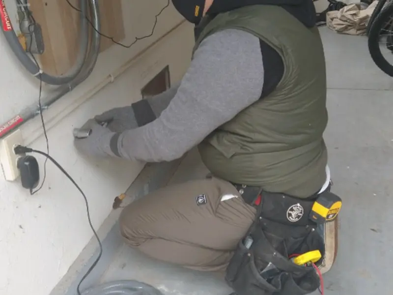 Electrician performing outlet wiring in a Mayflower Village garage